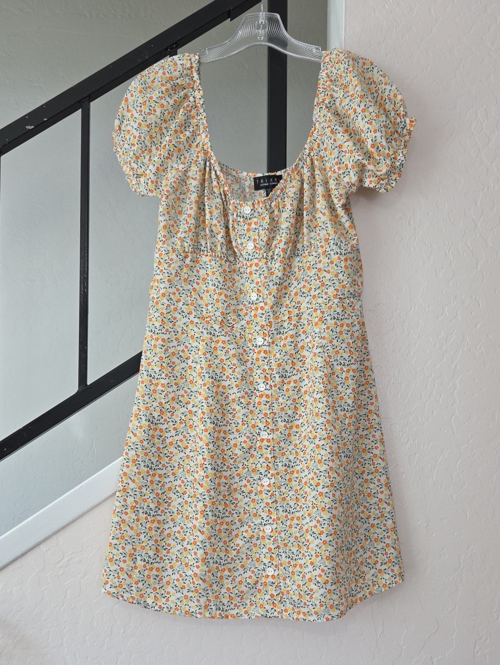 Trixxi Yellow Floral Mini Dress with Orange & Green Accents
